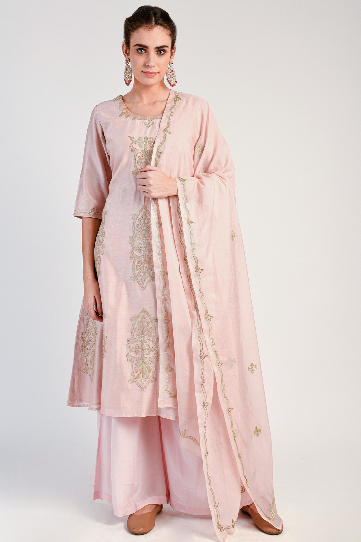 Blush Pink Embroidered Chanderi Kurta Set by Naina Arunima