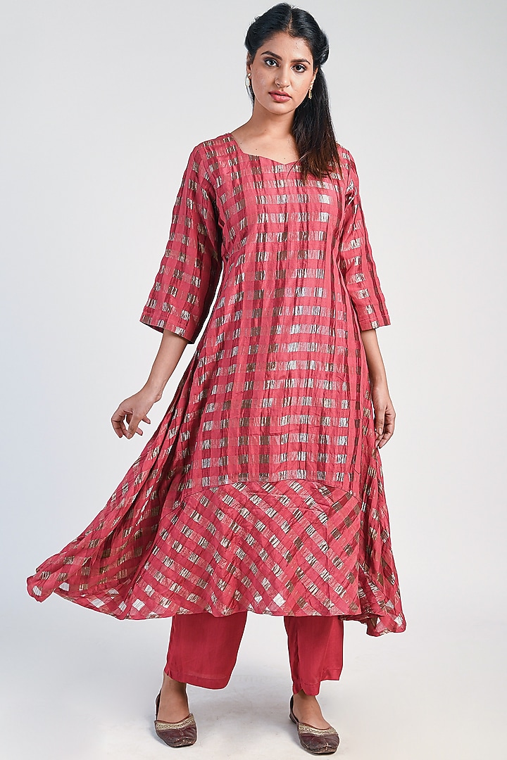 Earth Red Silk Zari Kurta With Pants by Naina Arunima