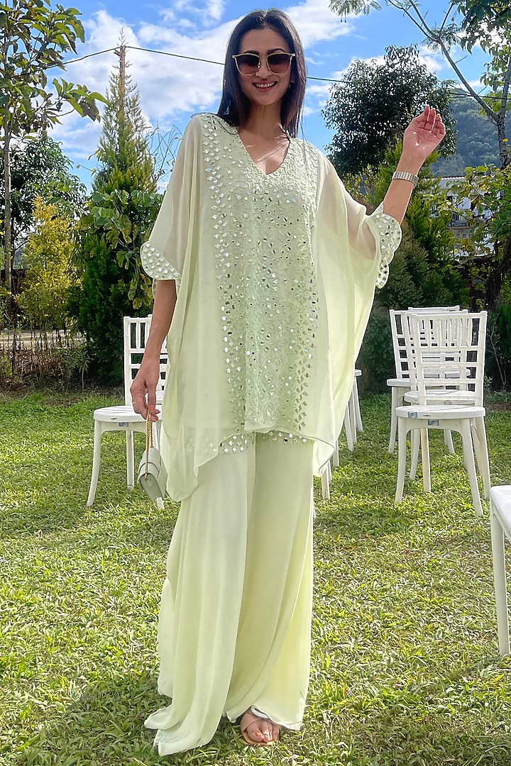 Sage Green Blended Georgette Sharara Set by Samatvam By Anjali Bhaskar at Pernia's Pop Up Shop