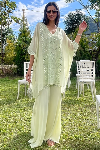 Sage Green Blended Georgette Sharara Set by Samatvam By Anjali Bhaskar