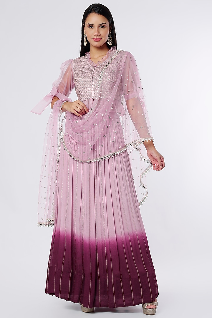 Lilac & Wine Dupion Silk Skirt Set by NIsha Ajmera