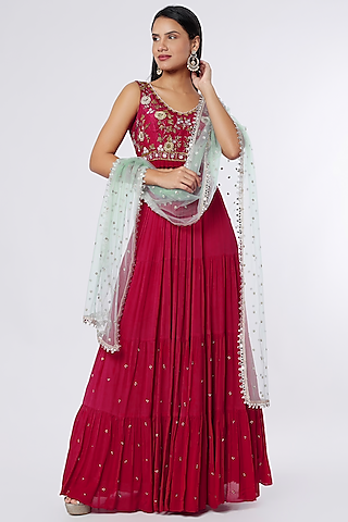 Red Dupion Silk Lehenga Set by NIsha Ajmera