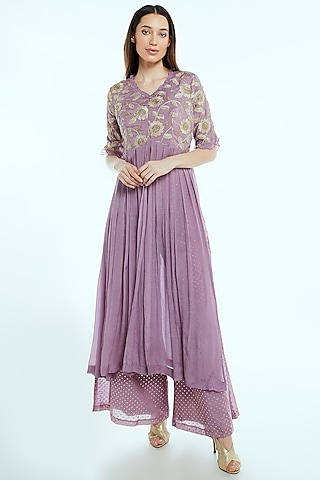 Lilac Embroidered Kurta With Printed Farshi Pants by NIsha Ajmera