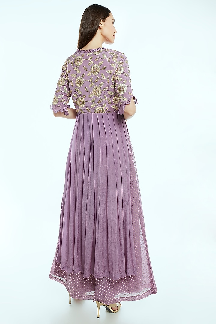 Lilac Embroidered Kurta With Printed Farshi Pants by NIsha Ajmera at Pernia's Pop Up Shop