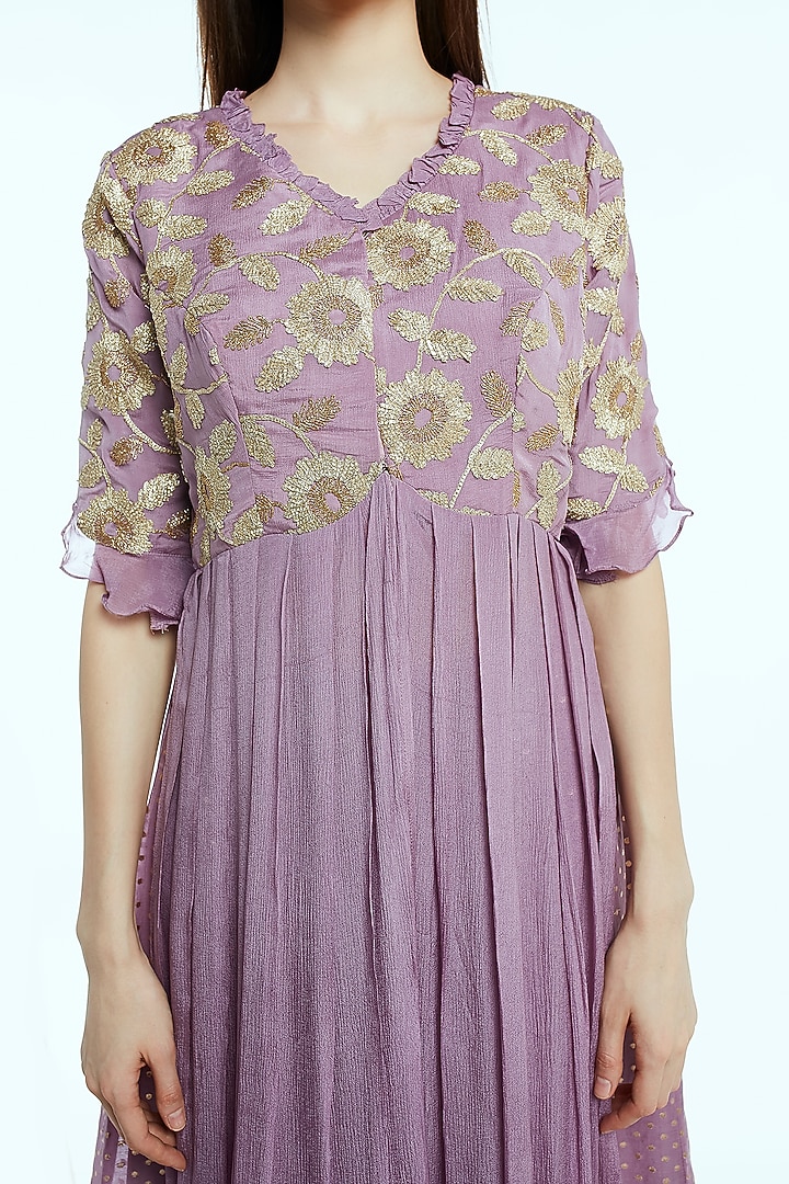 Lilac Embroidered Kurta With Printed Farshi Pants by NIsha Ajmera at Pernia's Pop Up Shop