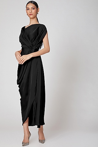 Black One Shoulder Draped Dress by Na-Ka