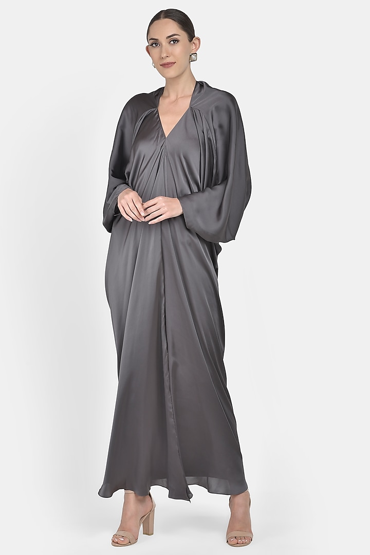 Grey Draped Satin Gown by Na-ka
