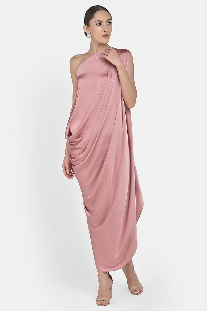 Blush Pink Draped Satin Silk Gown by Na-ka