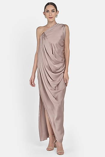 Nude One Shoulder Draped Gown by Na-ka at Pernia's Pop Up Shop