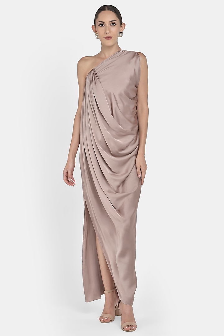 Nude One Shoulder Draped Gown by Na-ka