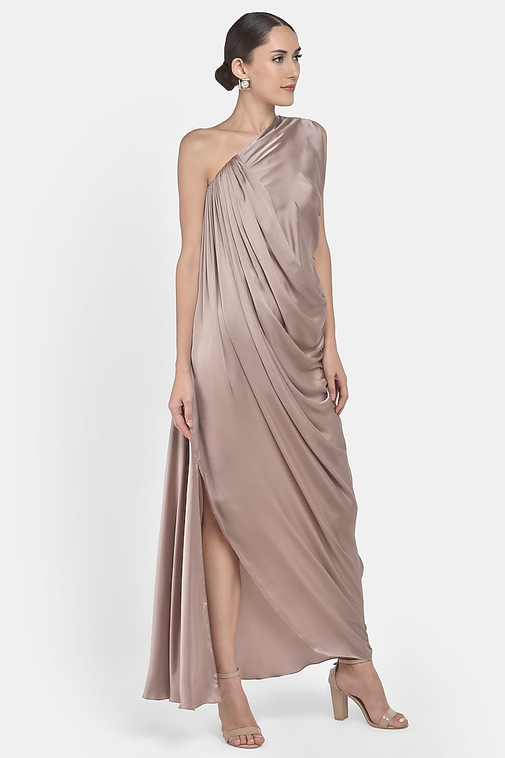 Nude One Shoulder Draped Gown by Na-ka at Pernia's Pop Up Shop