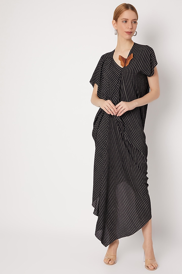 Black Draped Dress With Stripes Design by Na-ka at Pernia's Pop Up Shop ...