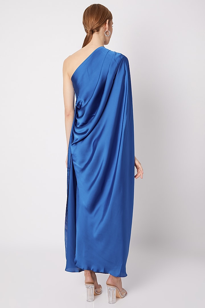 Cobalt Blue One Shoulder Draped Gown by Na-ka at Pernia's Pop Up Shop