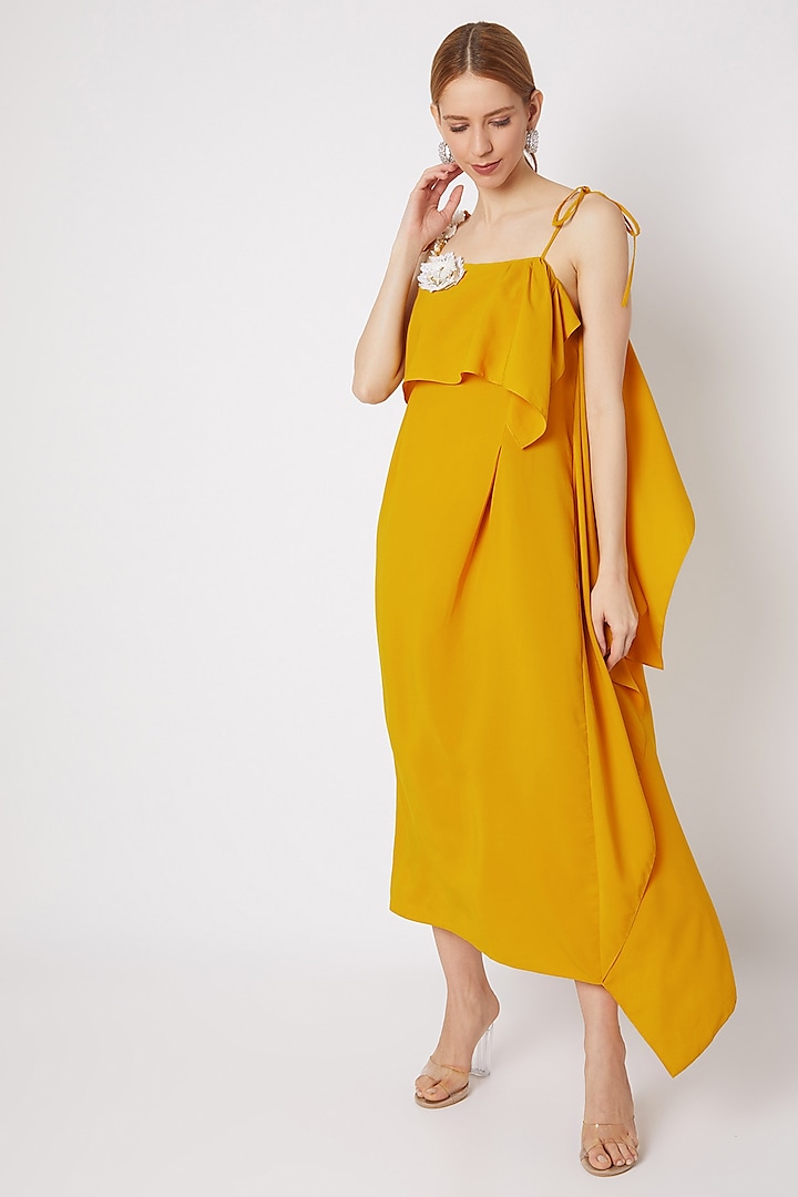 Mustard Embroidered Tea-Length Dress by Na-ka