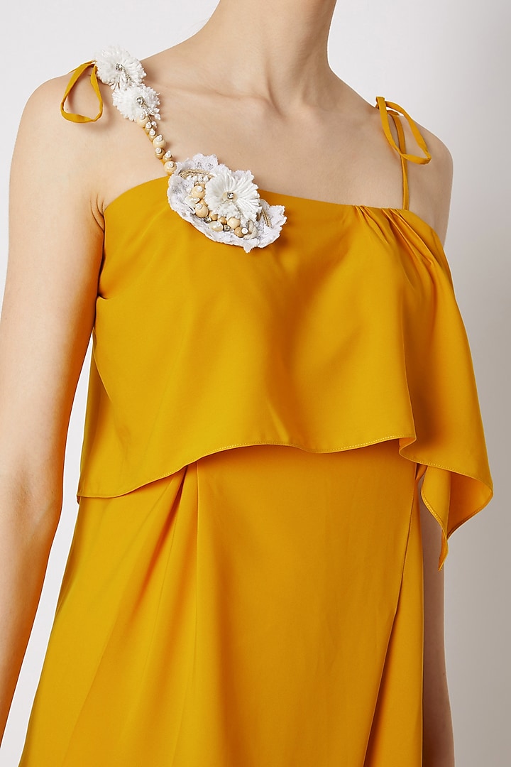 Mustard Embroidered Tea-Length Summer Dress by Na-ka at Pernia's Pop Up Shop