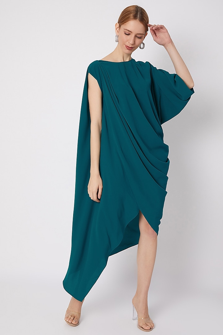 Sea Green Asymmetric Draped Dress Design by Na-ka at Pernia's Pop Up ...