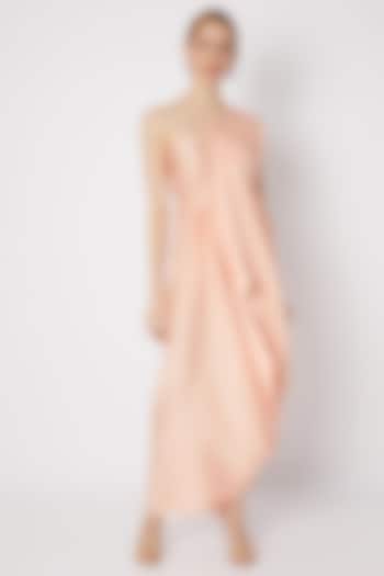 Peach Draped Dress With Asymmetric Neckline by Na-ka