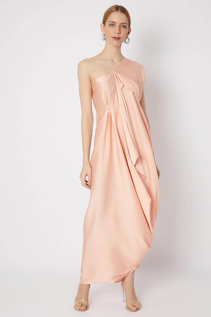 Peach Draped Dress With Asymmetric Neckline by Na-ka