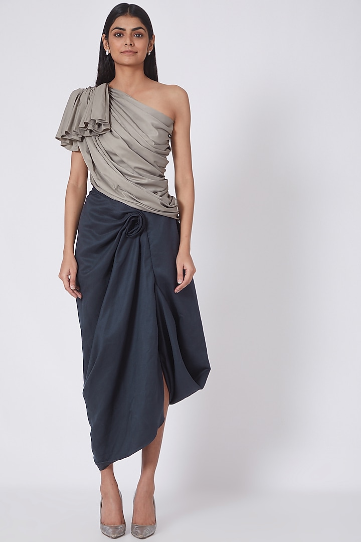 Grey Satin & Suede Cowl Skirt Set by NA-KA at Pernia's Pop Up Shop