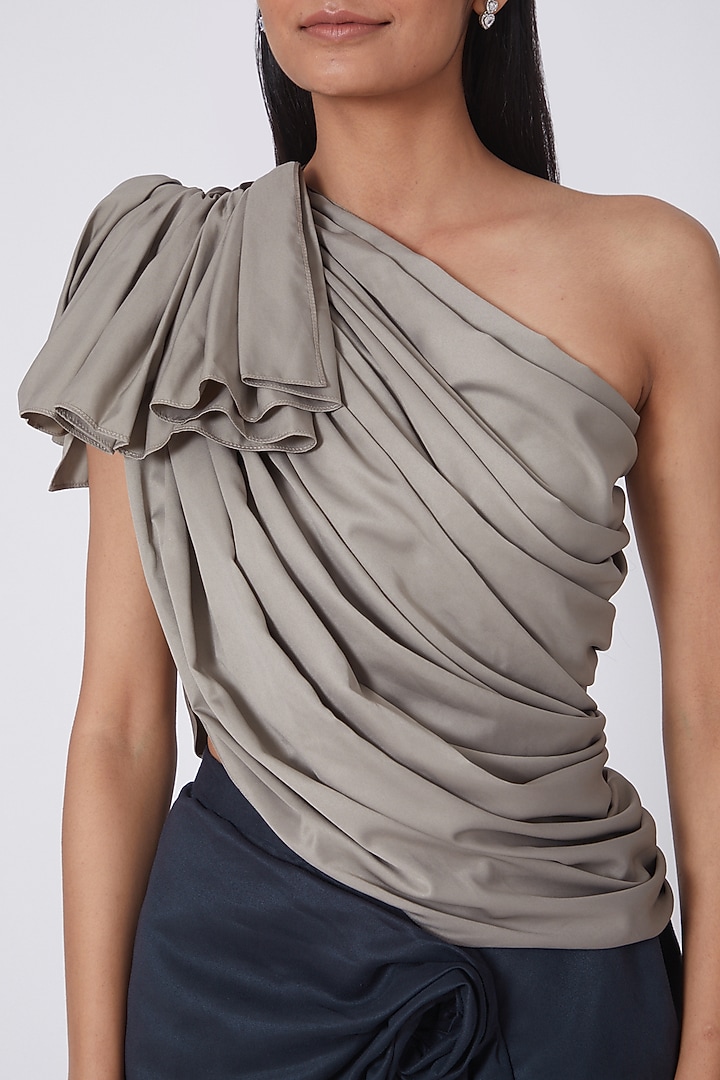 Grey Satin & Suede Cowl Skirt Set by NA-KA at Pernia's Pop Up Shop