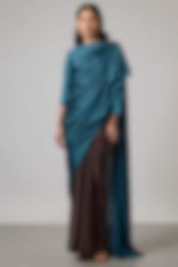Teal Blue & Brown Satin Draped Skirt Set by NA-KA at Pernia's Pop Up Shop