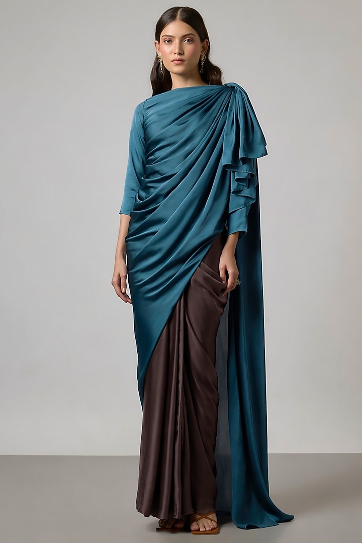 Teal Blue & Brown Satin Draped Skirt Set by NA-KA at Pernia's Pop Up Shop