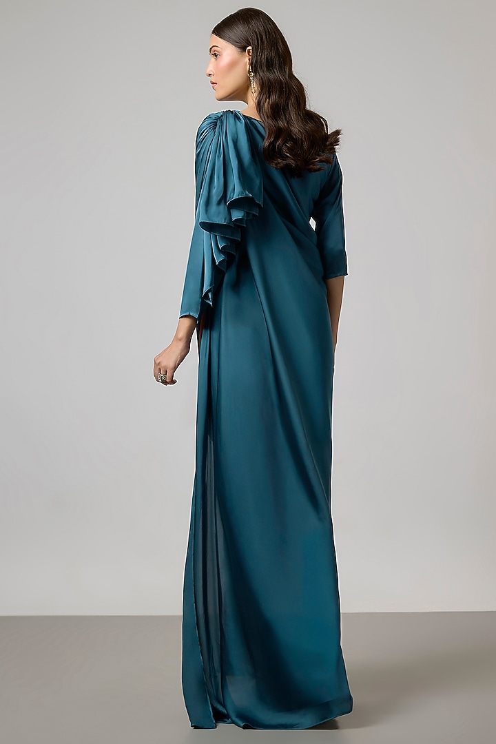 Teal Blue & Brown Satin Draped Skirt Set by NA-KA at Pernia's Pop Up Shop
