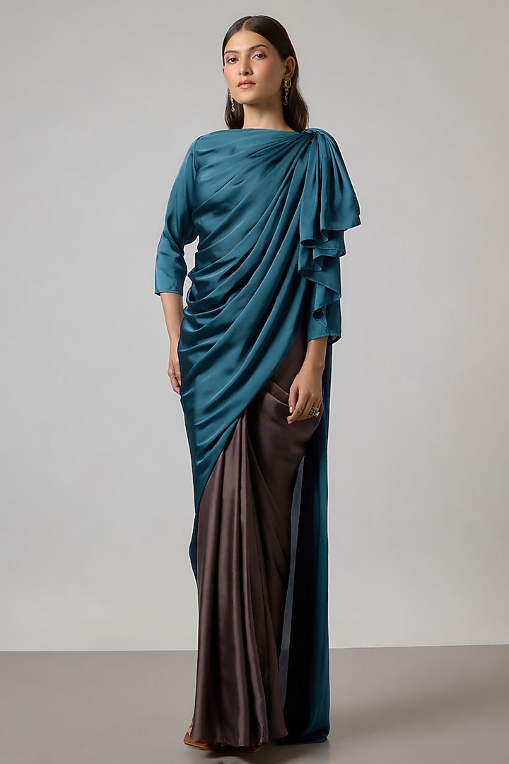 Teal Blue & Brown Satin Draped Skirt Set by NA-KA at Pernia's Pop Up Shop