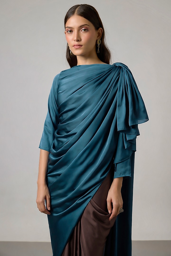 Teal Blue & Brown Satin Draped Skirt Set by NA-KA at Pernia's Pop Up Shop