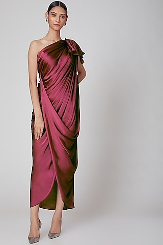 Wine Off Shoulder Dress by Na-Ka