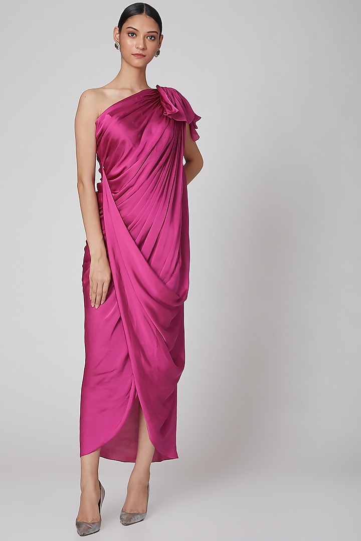 Hot Pink One Shoulder Draped Dress by Na-Ka