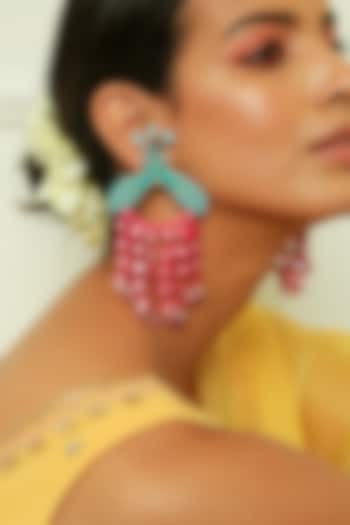 Turquoise & Hot Pink Hand Embroidered Dangler Earrings by NakhreWaali