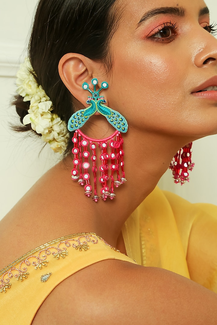 Turquoise & Hot Pink Hand Embroidered Dangler Earrings by NakhreWaali