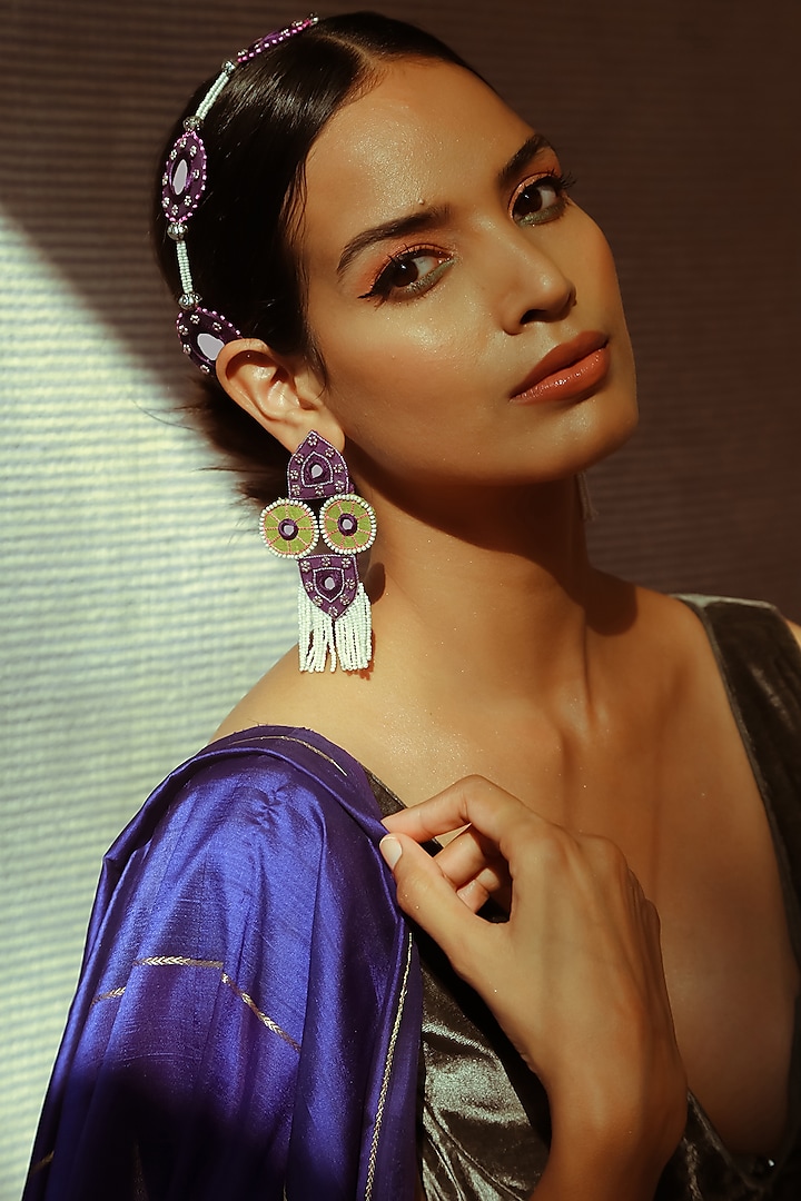 Purple & White Resham Threaded Dangler Earrings by NakhreWaali at Pernia's Pop Up Shop