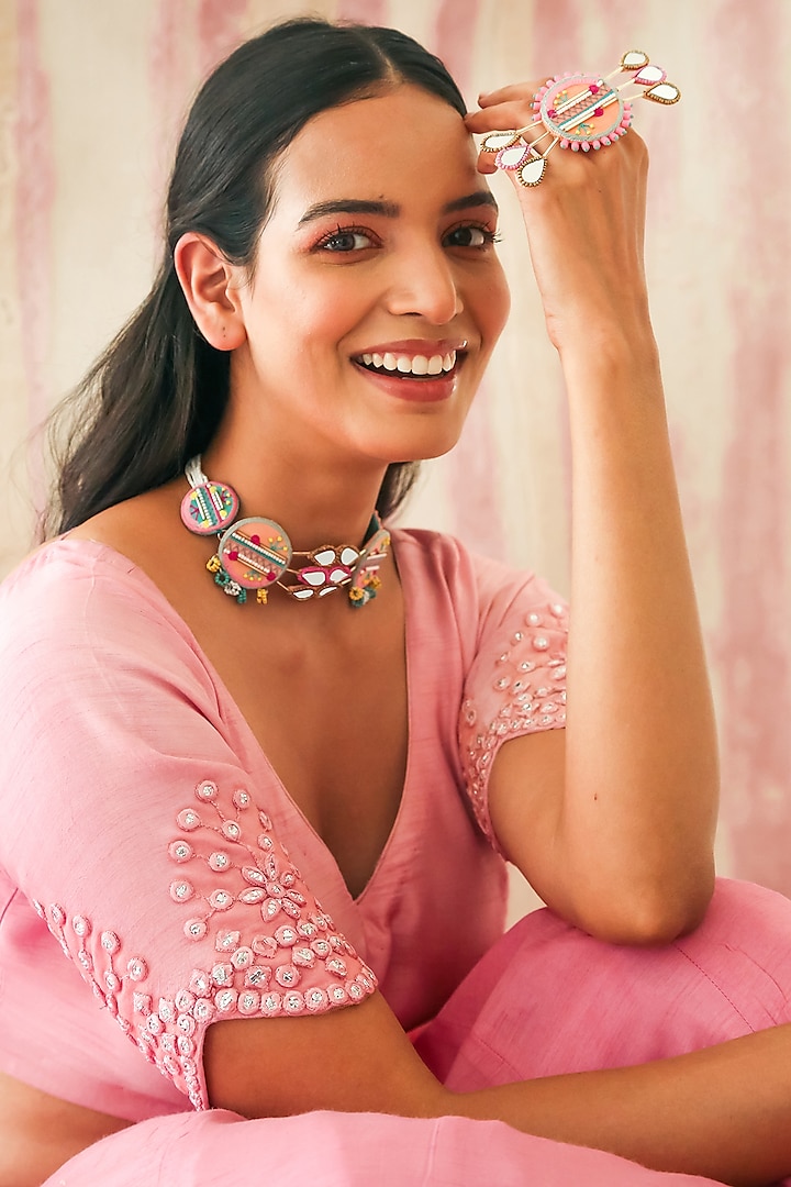 Peachy Pink Choker Necklace With Multi-Colored Dyed Beads by NakhreWaali