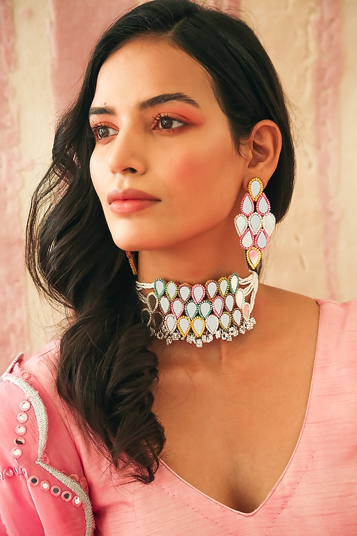 Peachy Pink Choker Necklace With Multi-Colored Mirrors by NakhreWaali