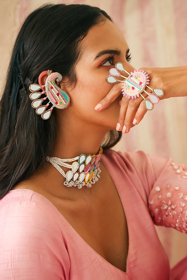 Peachy Pink Ring With Multi-Colored Mirrors by NakhreWaali