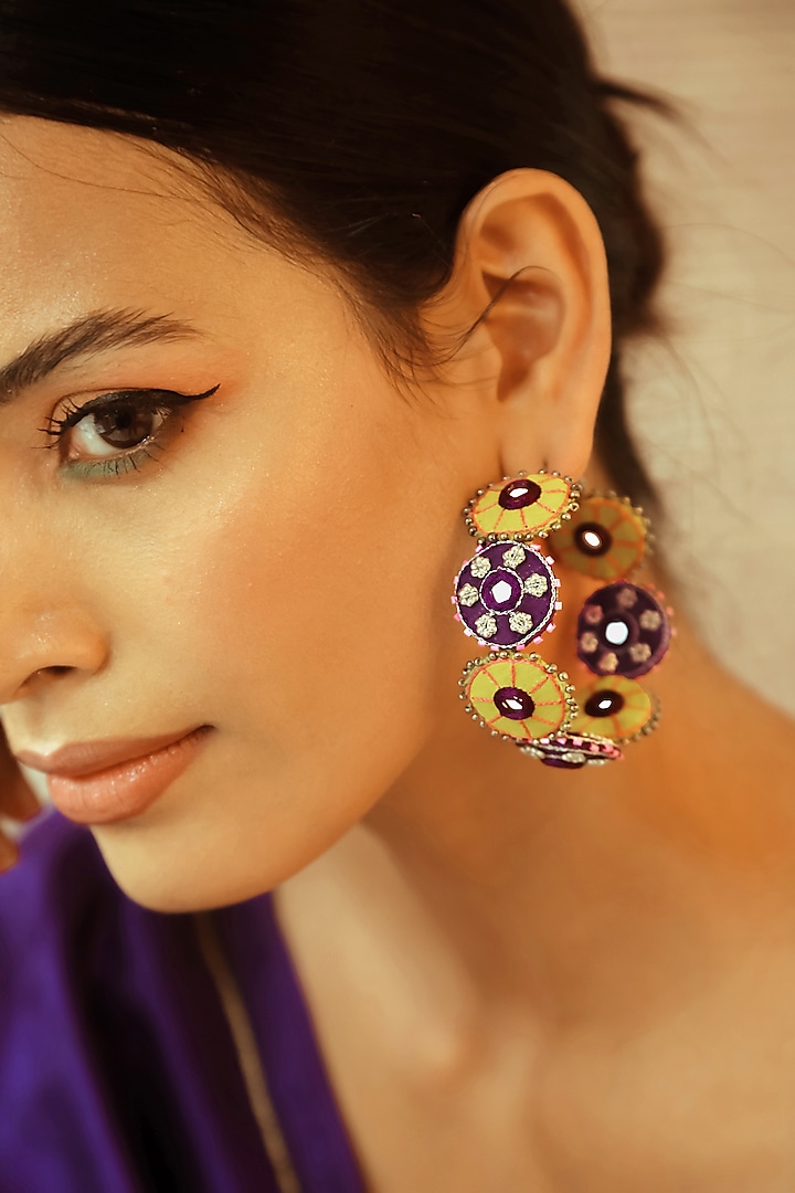 Purple & Lime Earrings With Dyed Beads by NakhreWaali