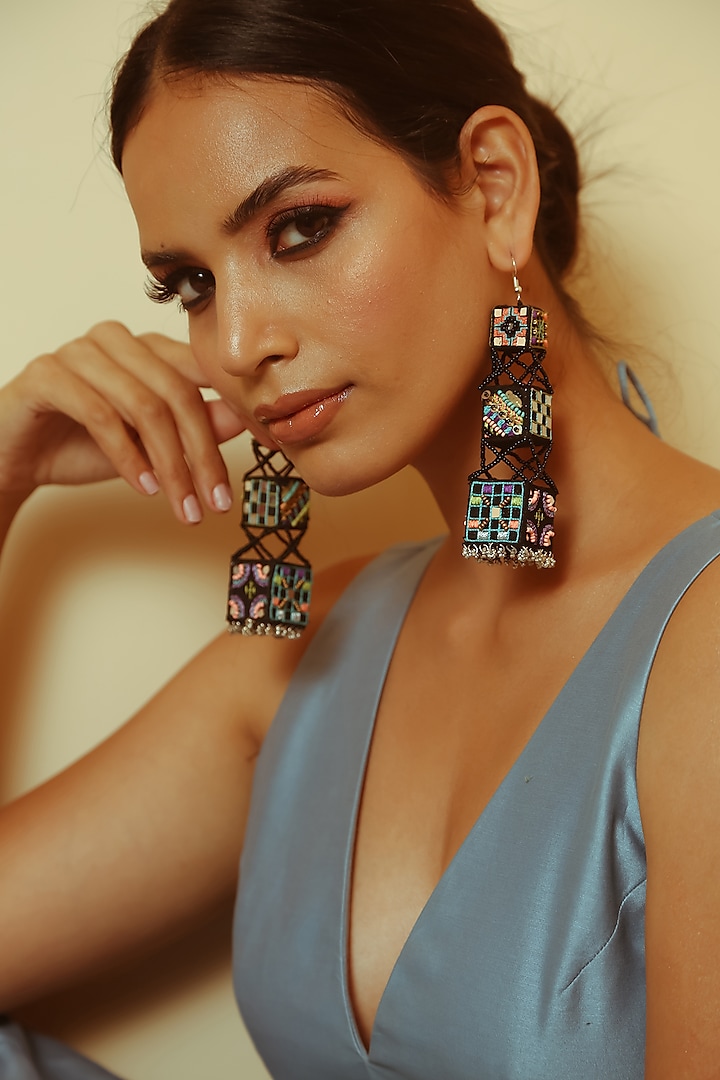 Black Earrings With Multi-Colored Dyed Beads by NakhreWaali