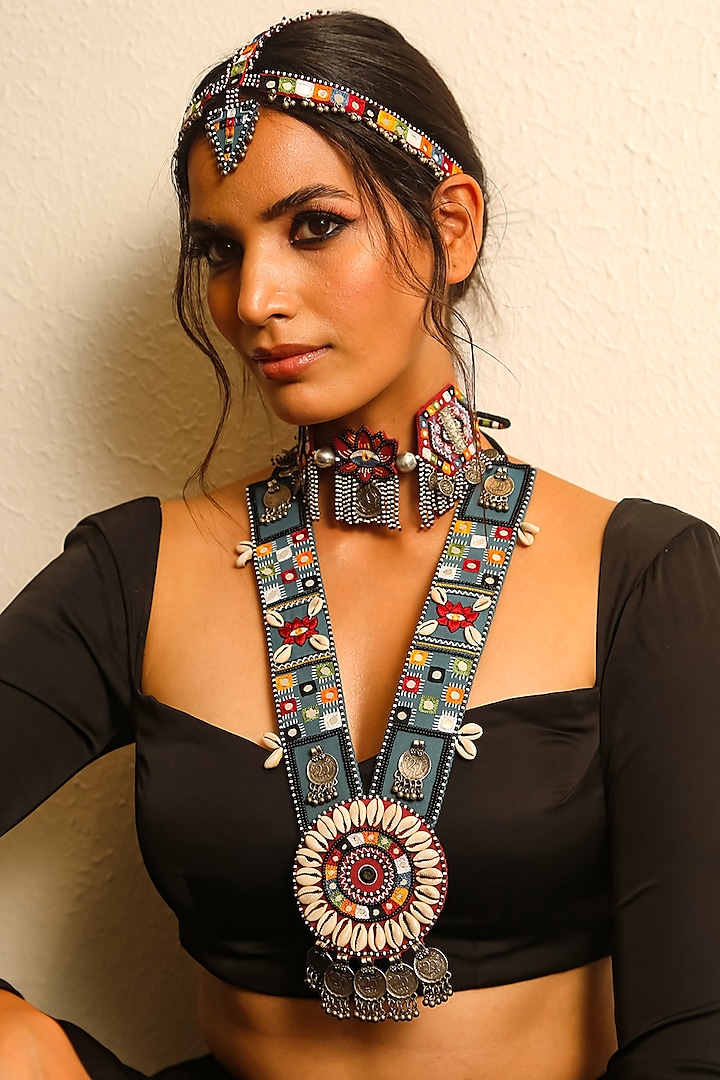 Multi-Colored Long Necklace With Multi-Colored Mirrors by NakhreWaali