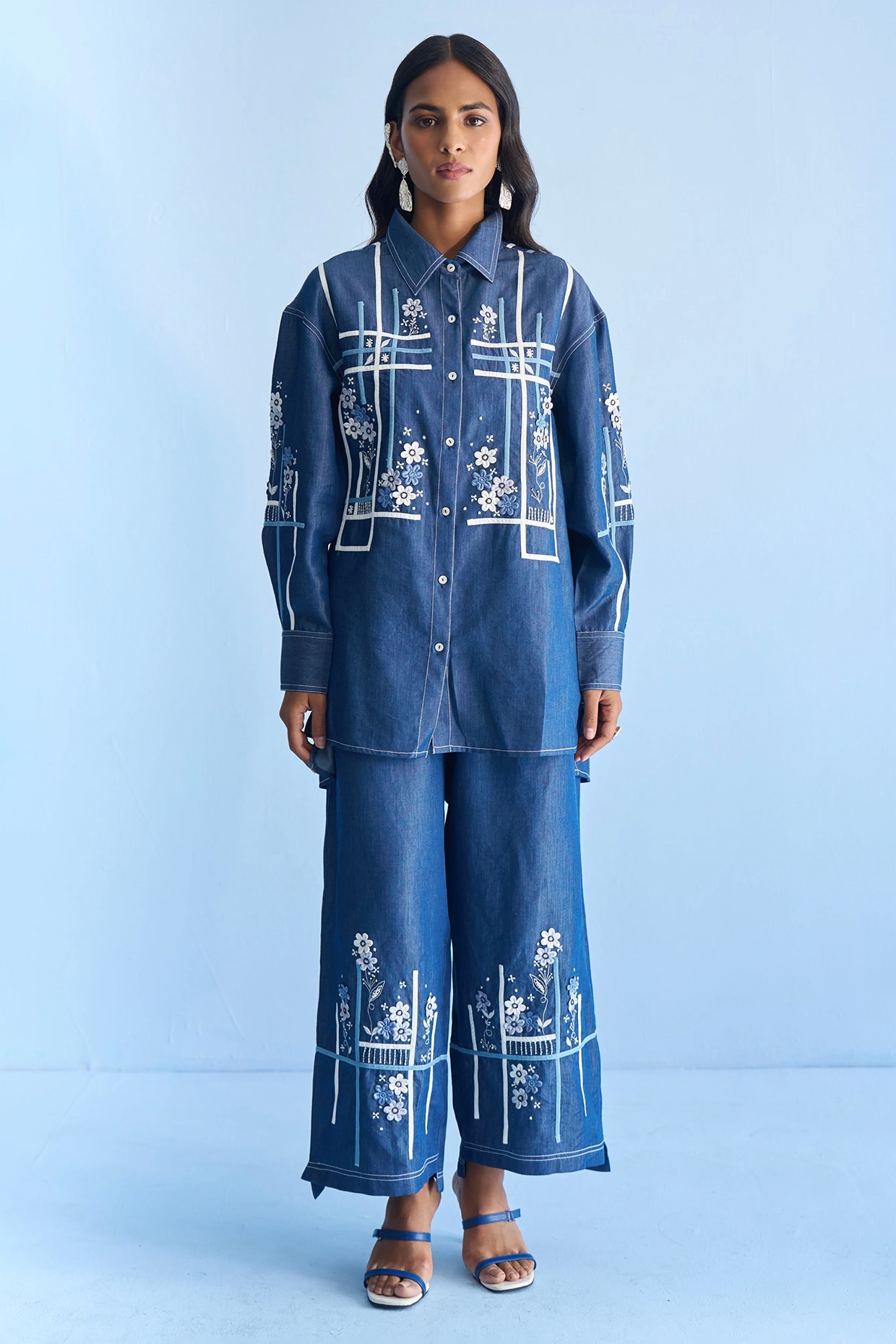 Nakateki Blue Denim Tape & 3D Floral Embroidered Co-ord Set