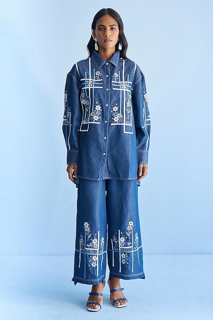 Blue Denim Tape & 3D Floral Embroidered Co-ord Set by Nakateki at Pernia's Pop Up Shop