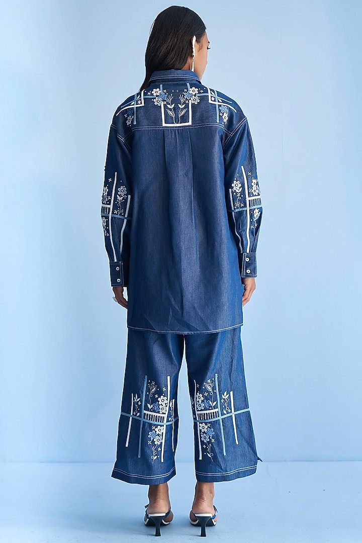 Blue Denim Tape & 3D Floral Embroidered Co-ord Set by Nakateki at Pernia's Pop Up Shop