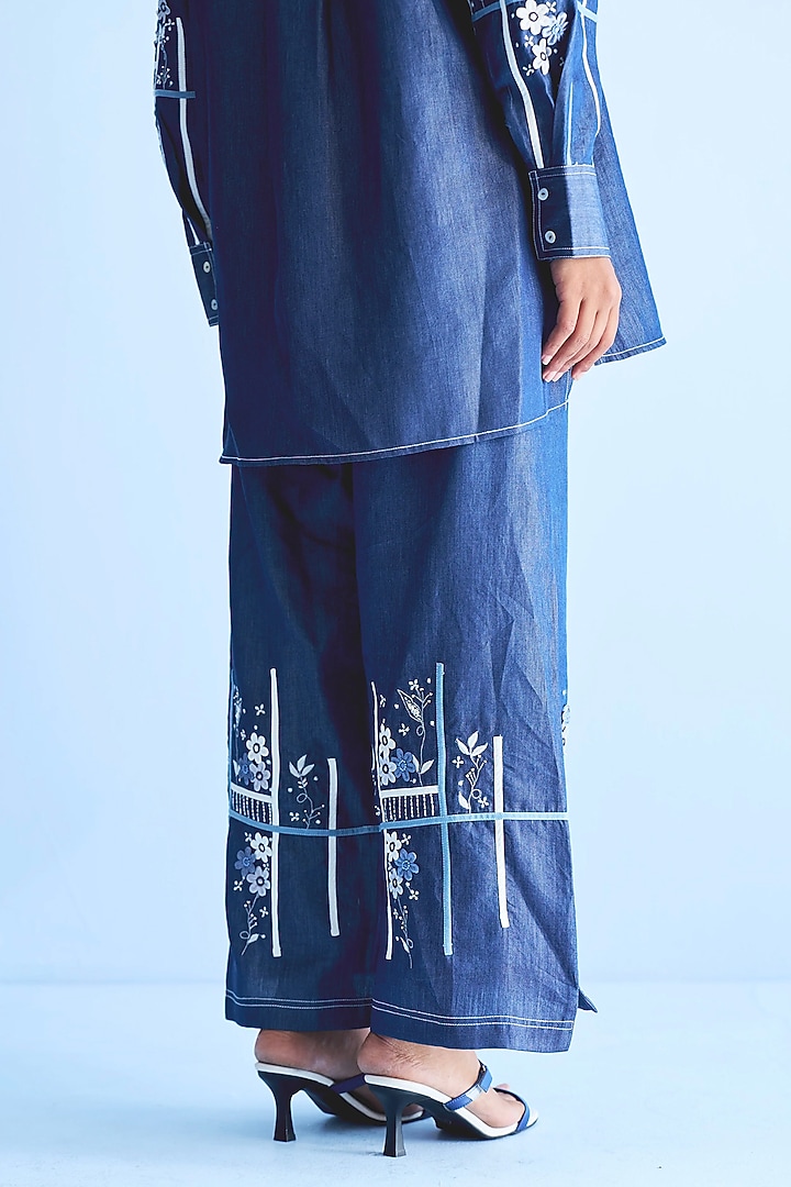 Blue Denim Tape & 3D Floral Embroidered Co-ord Set by Nakateki at Pernia's Pop Up Shop