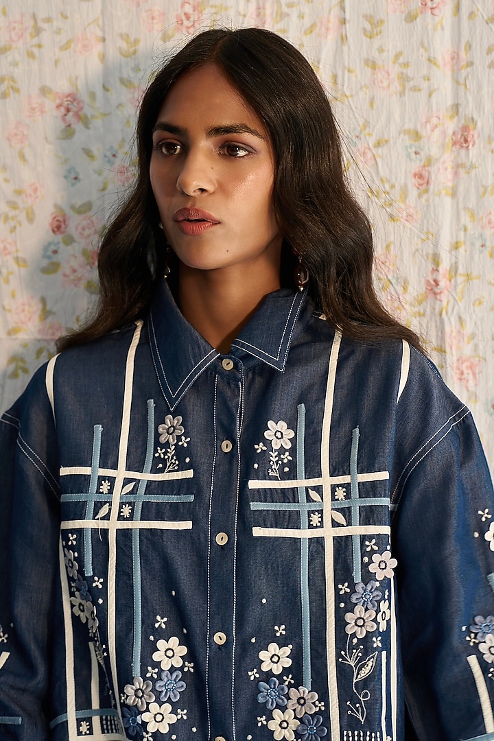 Blue Denim Tape & 3D Floral Embroidered Co-ord Set by Nakateki at Pernia's Pop Up Shop