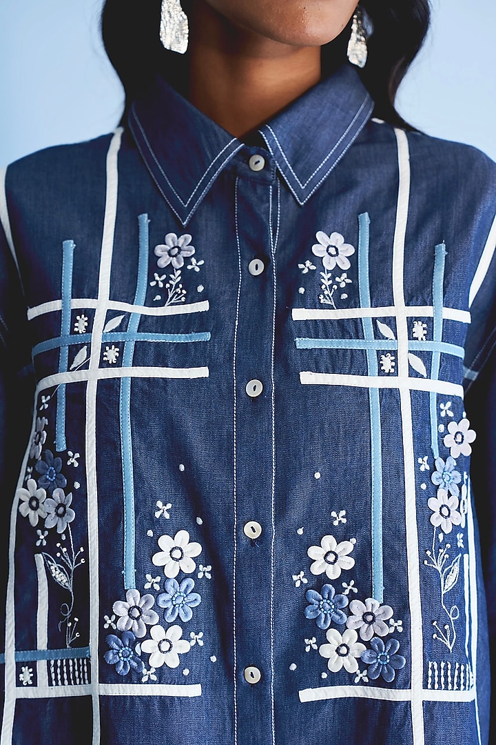 Blue Denim Tape & 3D Floral Embroidered Co-ord Set by Nakateki at Pernia's Pop Up Shop