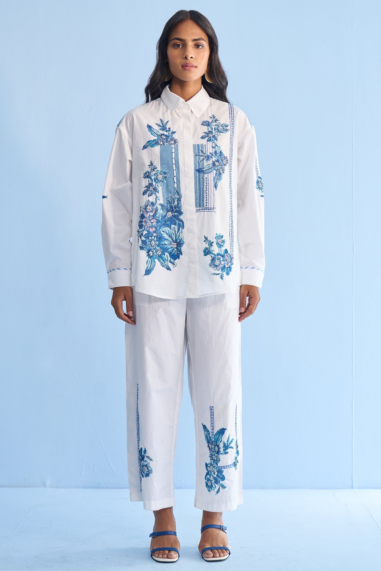 Nakateki White Cotton Placement Print & Embroidered Co-ord Set