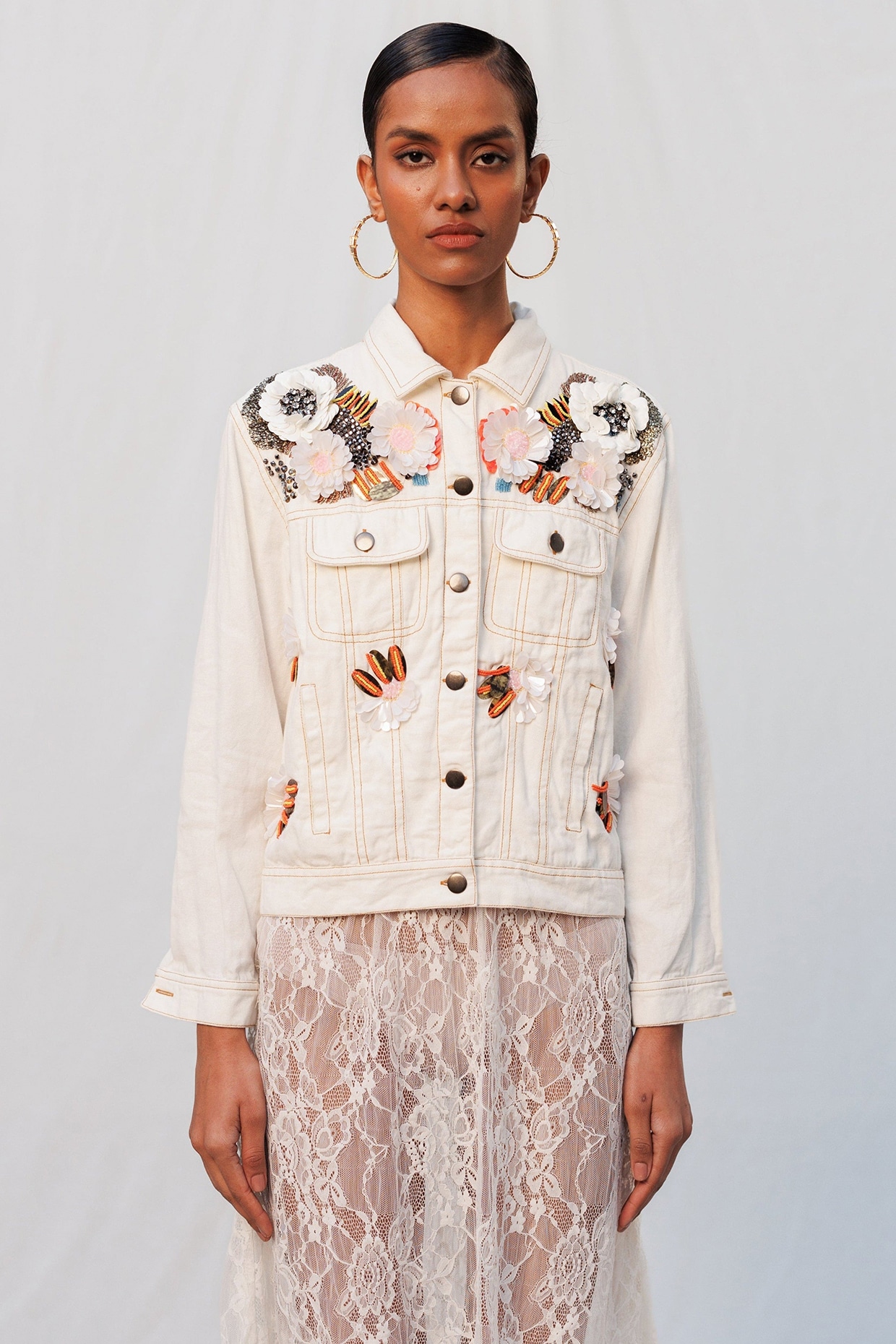 Nakateki Off-White Cotton 3D Applique Abstract Floral Jacket