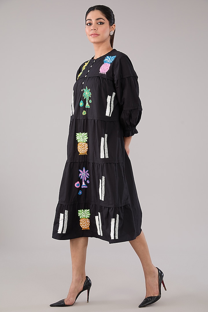 Black Cotton Poplin Bead Embellished Layered Dress by Nakateki at Pernia's Pop Up Shop