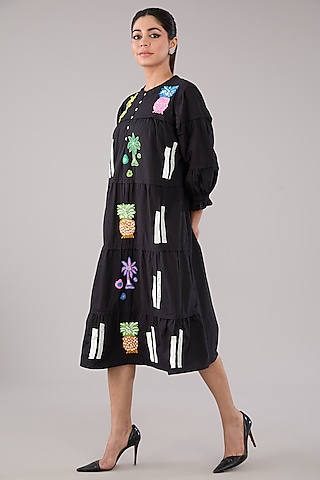 Black Cotton Poplin Bead Embellished Layered Dress by Nakateki
